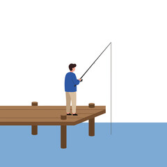 Man fishing on a wooden dock in minimal flat style vector art