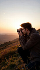 Young man photographing beautiful hillside landscape on sunny evening