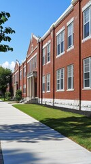 Fototapeta premium Under a clear blue sky, an impressive brick academic building stands tall. Lush greenery and a smooth walkway invite students to enjoy the vibrant atmosphere of learning and community