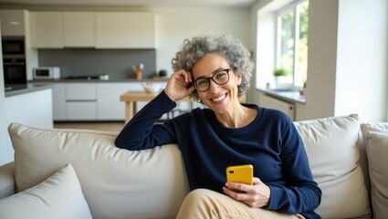 Happy middle aged older woman using smartphone sitting on couch at home. Smiling mature lady holding cellphone browsing internet, texting messages, doing online shopping on mobile cell phone on sofa.