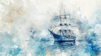 Fototapeta premium A Solitary Sailing Ship in a Misty Ocean Watercolor Painting