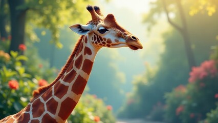 Obraz premium Gentle Giraffe in a Lush, Verdant Habitat, Basking in the Warm Golden Sunlight