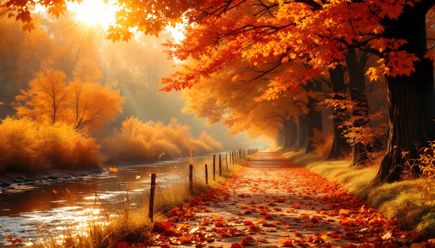 Sunlit autumn forest path with vibrant orange leaves and serene river