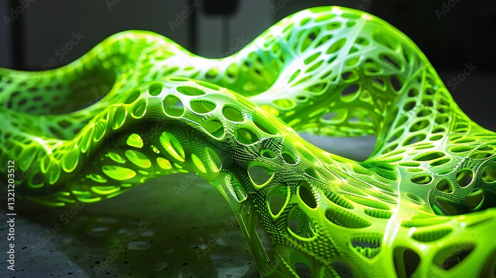 Wall mural intricate green 3d-printed structure with organic patterns and open spaces in a modern art installat