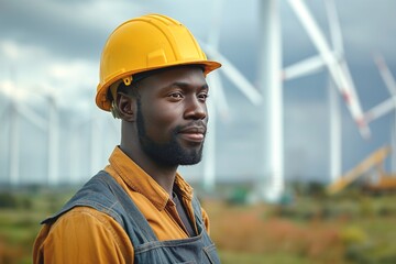 A young Black male engineer wearing a yellow hard hat, standing confidently among wind turbines on a windy day.
