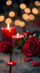 Romantic setup with red roses and candles creating a warm atmosphere for a special evening