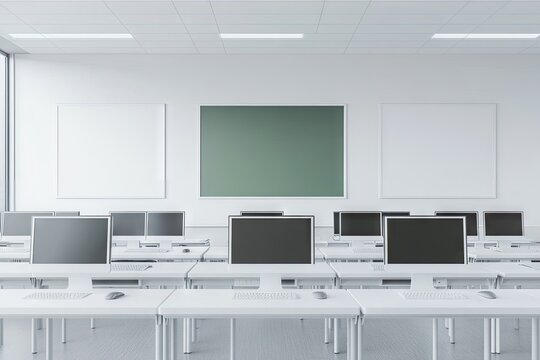 Modern computer classroom with blank display