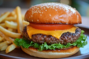 Delicious cheeseburger with fresh toppings served on a plate alongside crispy fries in a casual dining setting