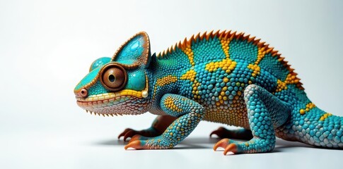 Fototapeta premium Striking blue and yellow Panther chameleon on white , nature photography, scales