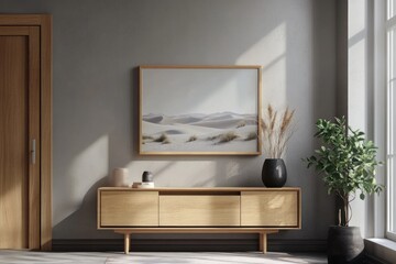 Modern wooden console with framed desert landscape print in a stylish hallway