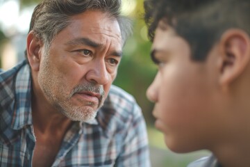 Fototapeta premium An intense conversation between an older Hispanic man and a young boy in a thoughtful moment outdoors.