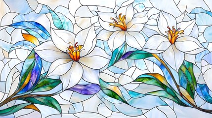 Stunning White Lilies Stained Glass Window Art Colorful Floral Design Nature Artwork