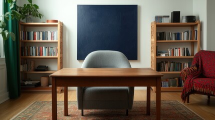 Spacious modern office features sleek furniture, warm lighting,