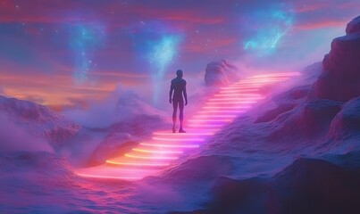 Fototapeta premium a silhouette figure walking up a glowing staircase towards a dreamy sky.