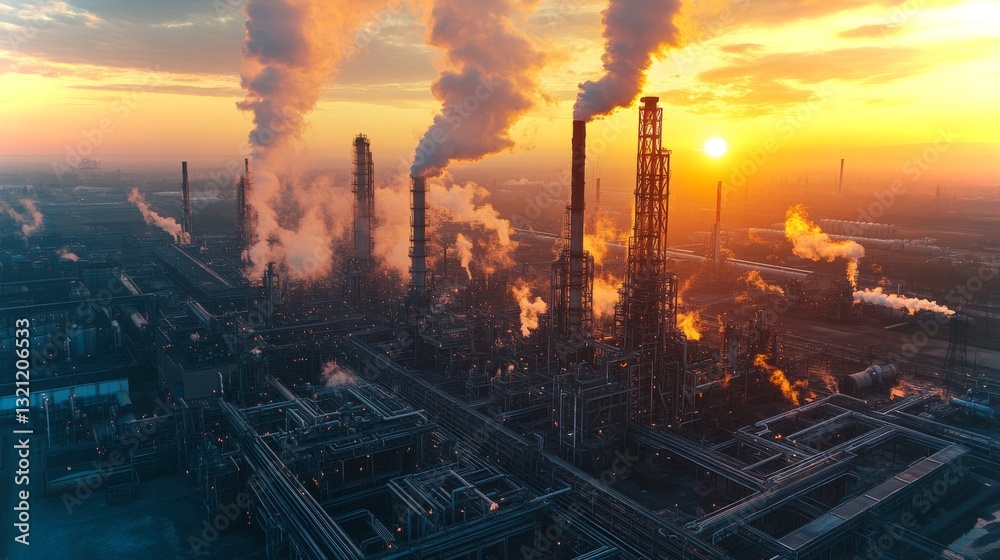 Poster refinery site at dawn where automation and engineering play crucial roles in chemical synthesis and 