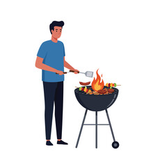 Man grilling delicious food on barbecue in flat vector art style