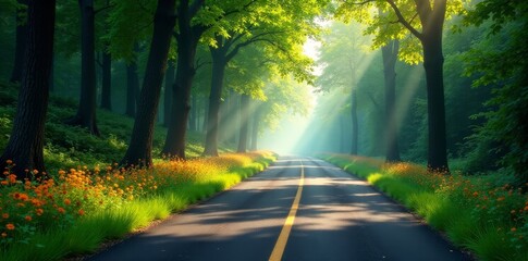 Obraz premium Sunlit Pathway Through a Lush Forest with Vibrant Orange Flowers Lining the Road