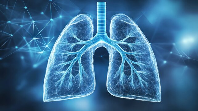 3D rendered image of human lungs, highlighting intricate bronchioles and trachea.  Modern medical visualization