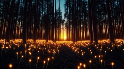 Naklejka premium Golden-hour forest with bioluminescent plants, glowing natural beauty, ultra-detailed magical realism