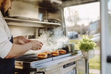Chef grilling fresh burgers in outdoor food truck with smoke and sunlight
