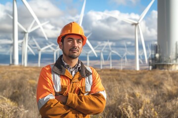 A confident young Hispanic male wind farm technician stands proudly with arms crossed, surrounded by towering wind turbines under a blue sky.