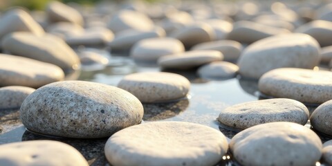 Serene Pebbles in a Tranquil Pool of Still Water Reflecting Soft Sunlight