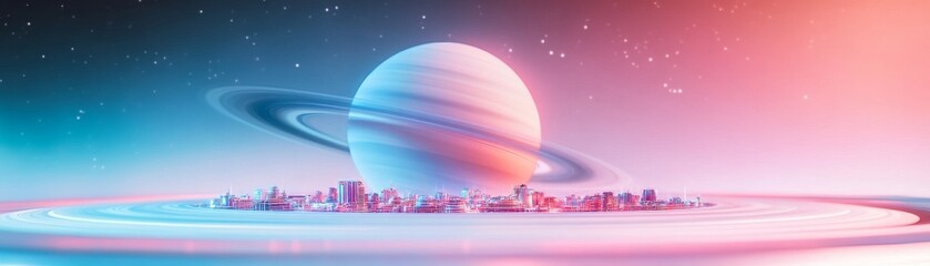 Naklejka premium Intergalactic city built on the rings of Saturn, hyper-detailed futuristic civilization