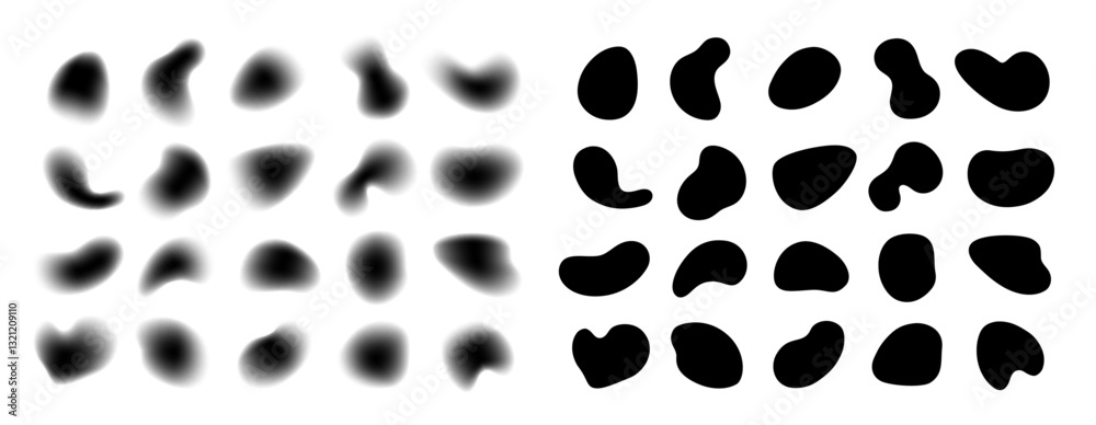 Aufkleber Liquid shapes, abstract forms with gradient noise gradation. Vector isolated set of silhouettes of watercolor style. Grain blobs or splashes of water, effect for motion design, blurry collection