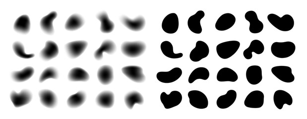 Liquid shapes, abstract forms with gradient noise gradation. Vector isolated set of silhouettes of watercolor style. Grain blobs or splashes of water, effect for motion design, blurry collection