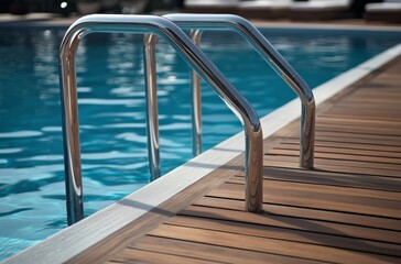 Modern poolside with wooden deck and gleaming stainless steel ladder
