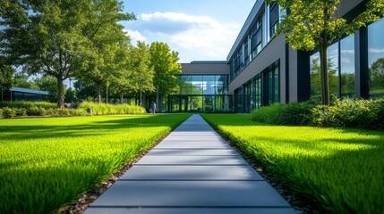 Fototapeta premium A vibrant green walkway of manicured grass leads up to a sleek, contemporary structure. The sun casts warm light, highlighting the lush environment and creating a serene atmosphere