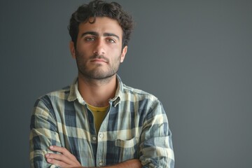 Obraz premium Young Middle-Eastern man with curly hair poses confidently against a neutral gray background.