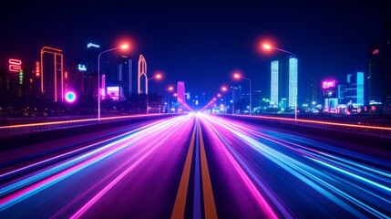 Smart city at night illuminated by AI-controlled neon lights, futuristic urban concept