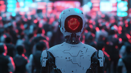 Fototapeta premium Futuristic robot observing a vibrant, crowded cityscape filled with neon lights.