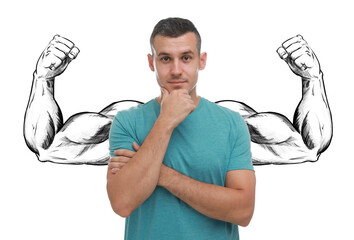 Handsome man with drawing of strong arms behind him on white background