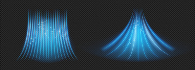 Cold air flowing from conditioner, isolated sparkling light effect with rays and shining pieces. Vector humidification and purification from polluting particles. Imitation of wind or frost