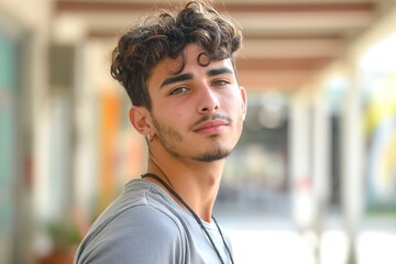 Fototapeta premium Young male with curly hair and a stylish look, exuding confidence in a softly blurred outdoor setting.
