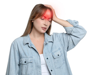 Young woman suffering from headache on white background