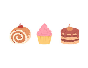 A colorful illustration of three sweet desserts: a cupcake with pink frosting, a chocolate cake, and a roll with icing and cherries. Perfect for menus, packaging, design, and culinary projects.