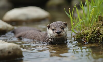 Fototapeta premium Baby river otter playing in a spring creek, surrounded by smooth stones and emerging vegetation