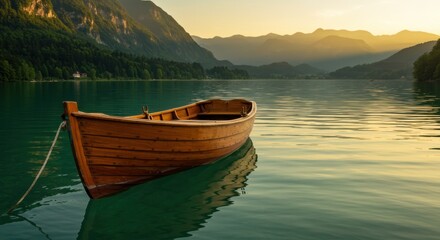 Obraz premium Serene wooden boat floating on calm lake waters at sunset, surrounded by majestic mountains