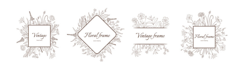 Obraz premium Vintage floral frame of different geometric shape and flower blooming plant and leaves decoration