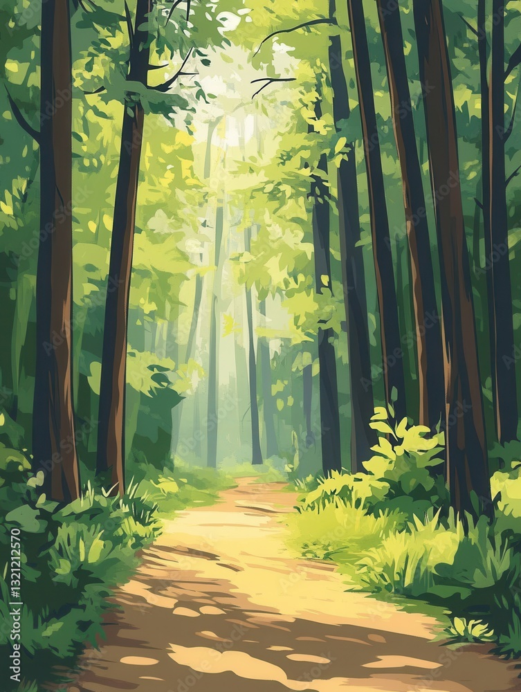 Poster explore a serene forest path surrounded by tall trees and filtered sunlight during a peaceful aftern