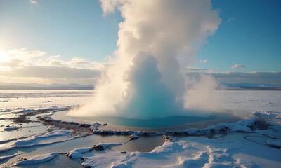 Obraz premium A geyser erupting in an icy wasteland steam rising into the cold air