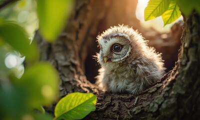 Fluffy baby owl chick nestled in a tree hollow with fresh spring leaves, soft morning light creating a warm glow