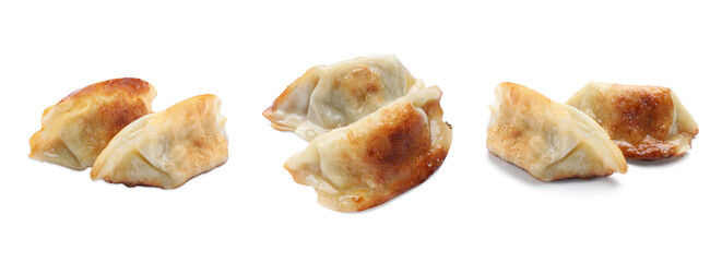Tasty roasted gyoza (dumplings) on white background, set