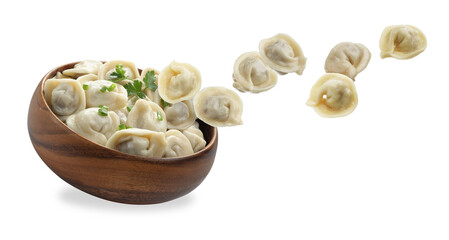 Tasty boiled dumplings (pelmeni) and bowl in air against white background