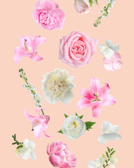 Beautiful fresh flowers falling on beige background