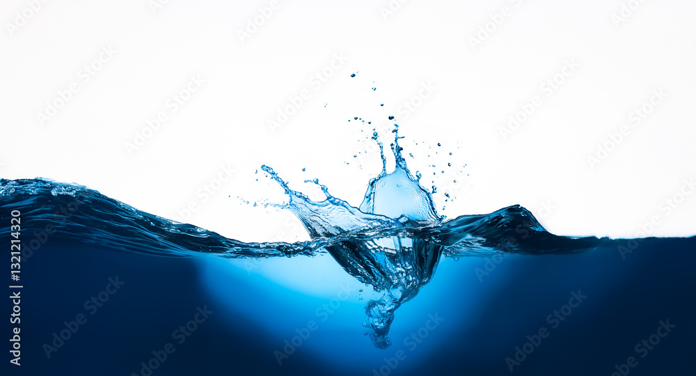 Leinwandbilder Clear blue water dynamically splashes against a stark white backdrop, creating a visually refreshing and energetic scene of liquid in motion.