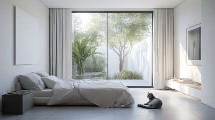 Fototapeta premium Modern Bedroom with Large Window and Serenity of Nature Outside